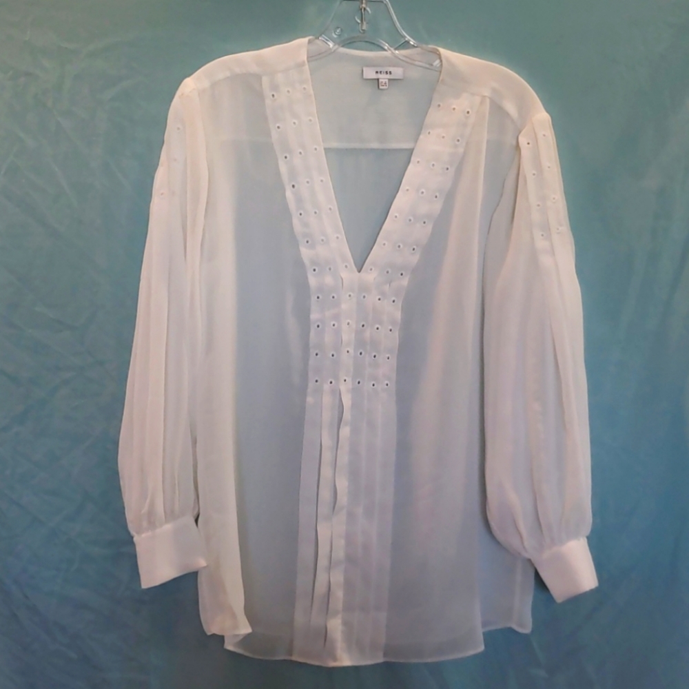 Reiss White Pleated Blouse Long Sheer Balloon Sleeves Yoke Eyelet Detailing 4